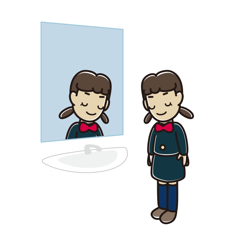 鏡にお辞儀する女子中学生のイラスト【色あり、背景なし】透過PNG