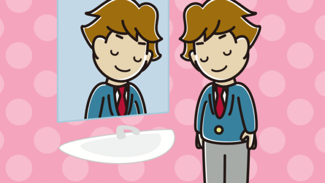 鏡にお辞儀する男子高校生のイラスト【色、背景あり】PNG