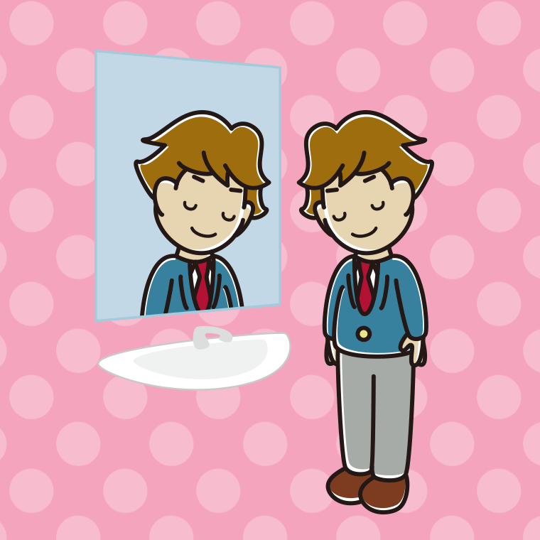 鏡にお辞儀する男子高校生のイラスト【色、背景あり】PNG