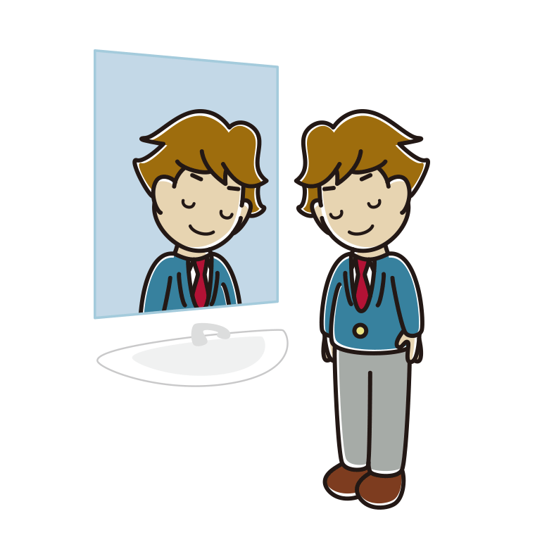鏡にお辞儀する男子高校生のイラスト【色あり、背景なし】透過PNG