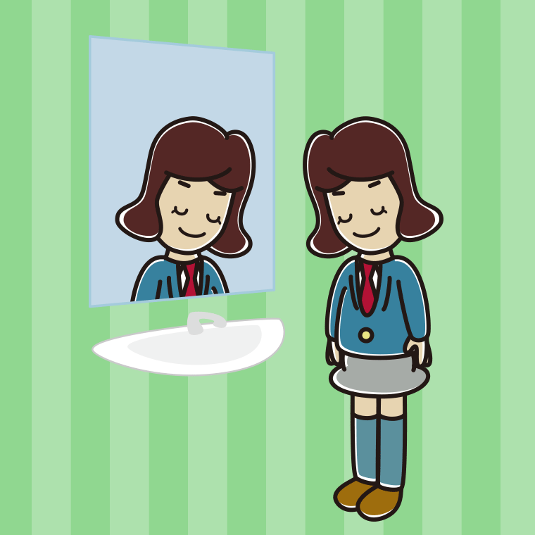 鏡にお辞儀する女子高校生のイラスト【色、背景あり】PNG