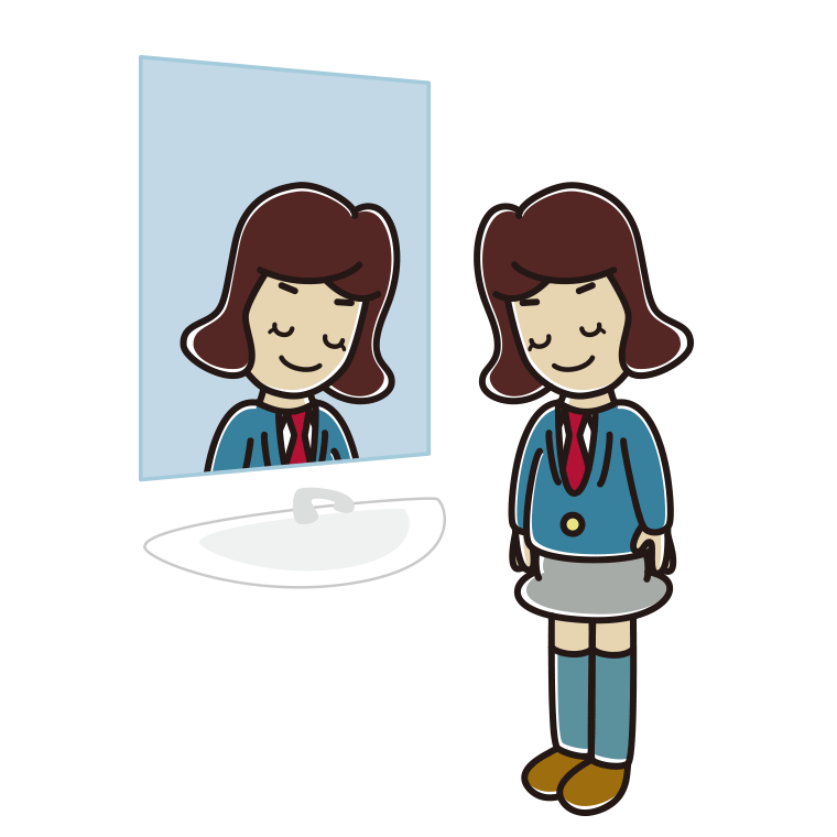 鏡にお辞儀する女子高校生のイラスト【色あり、背景なし】透過PNG
