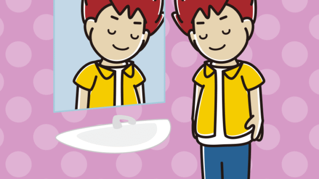 鏡にお辞儀する男子大学生のイラスト【色、背景あり】PNG