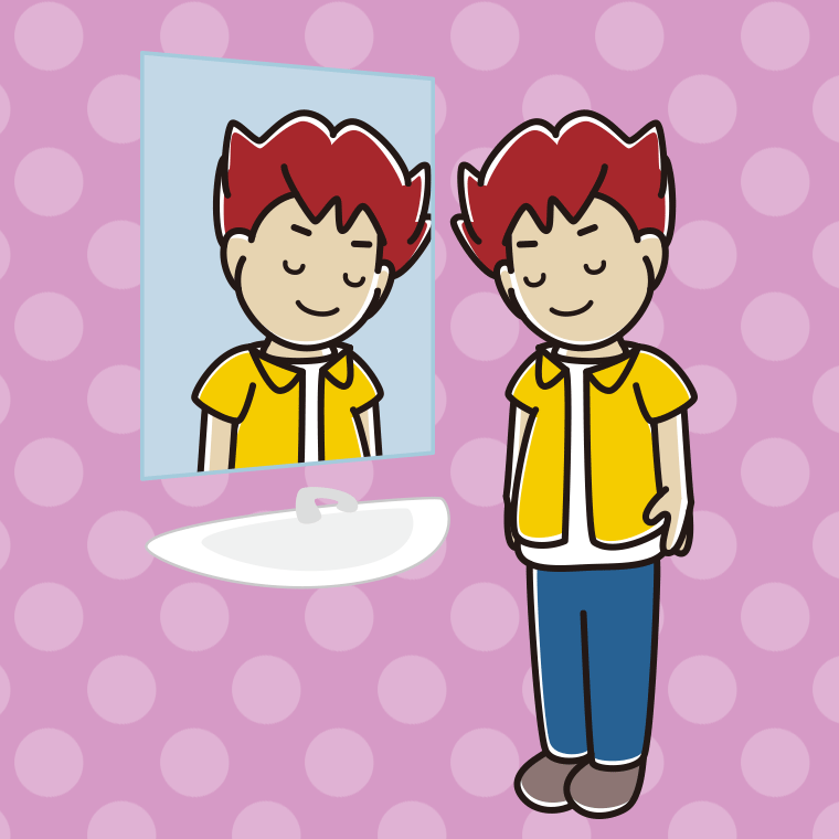 鏡にお辞儀する男子大学生のイラスト【色、背景あり】PNG