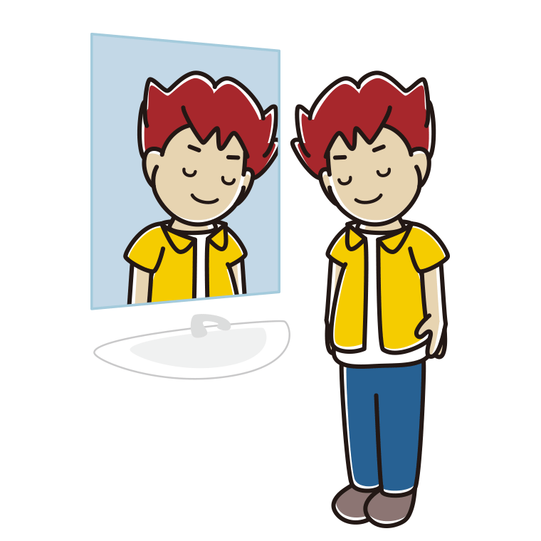 鏡にお辞儀する男子大学生のイラスト【色あり、背景なし】透過PNG