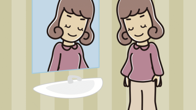 鏡にお辞儀する女子大学生のイラスト【色、背景あり】PNG