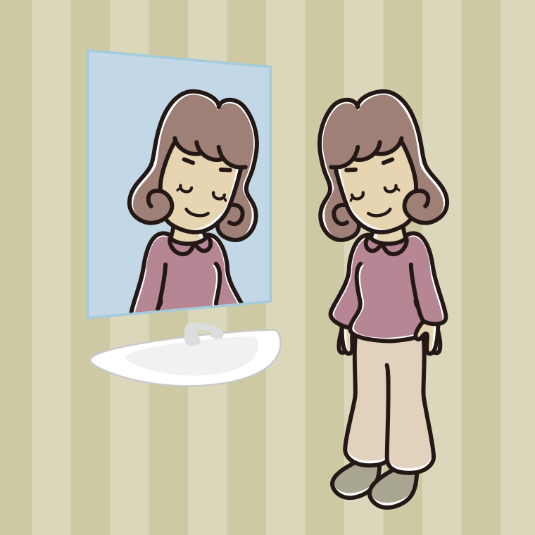 鏡にお辞儀する女子大学生のイラスト【色、背景あり】PNG