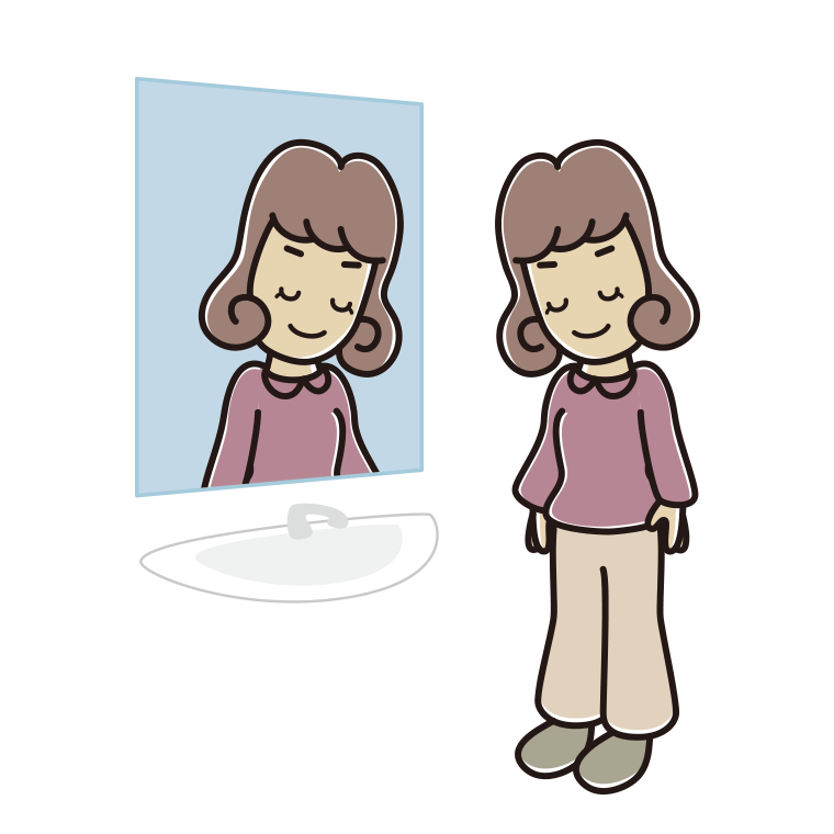 鏡にお辞儀する女子大学生のイラスト【色あり、背景なし】透過PNG