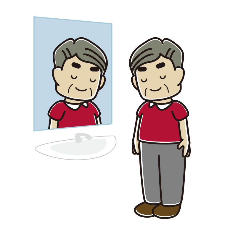 鏡にお辞儀するおじさんのイラスト【色あり、背景なし】透過PNG