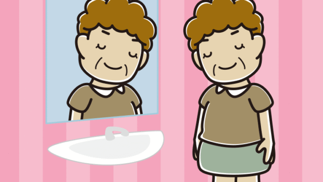 鏡にお辞儀するおばさんのイラスト【色、背景あり】PNG