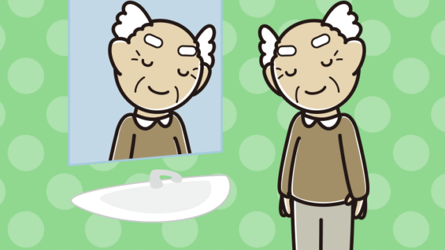 鏡にお辞儀するおじいさんのイラスト【色、背景あり】PNG