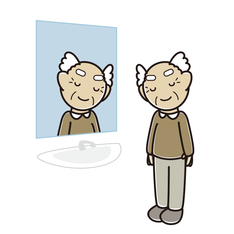 鏡にお辞儀するおじいさんのイラスト【色あり、背景なし】透過PNG