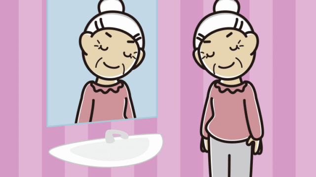 鏡にお辞儀するおばあさんのイラスト【色、背景あり】PNG