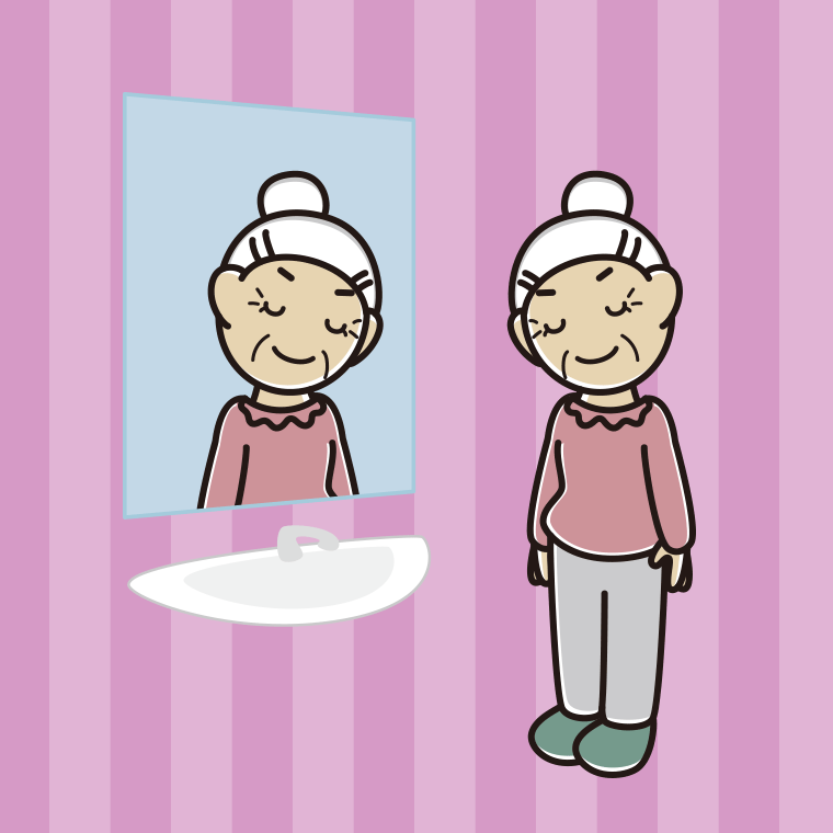 鏡にお辞儀するおばあさんのイラスト【色、背景あり】PNG