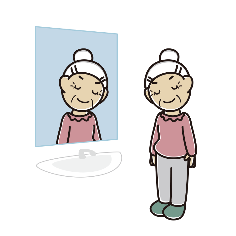 鏡にお辞儀するおばあさんのイラスト【色あり、背景なし】透過PNG