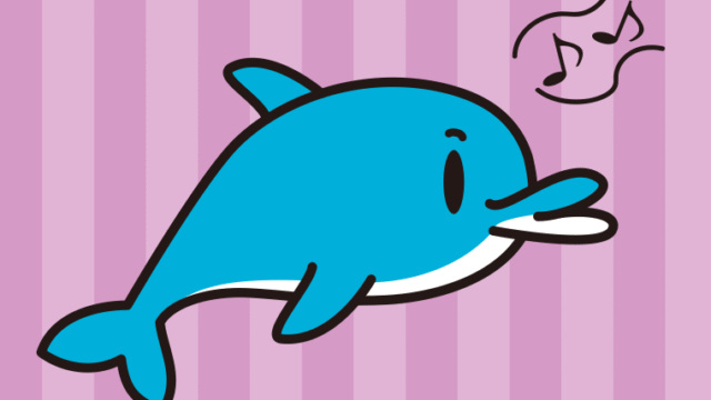 口笛を吹くイルカちゃんのイラスト【色、背景あり】PNG