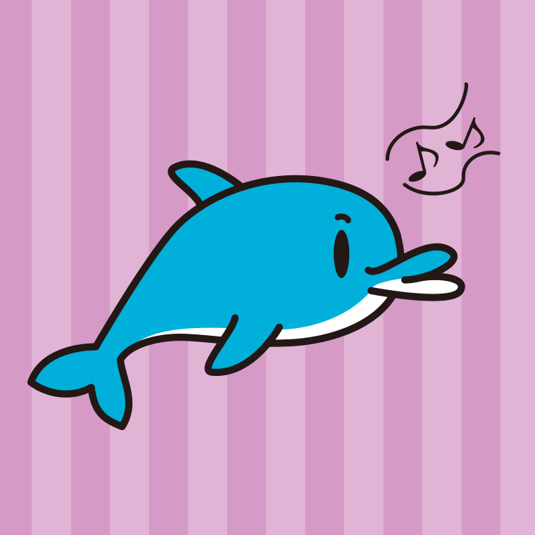 口笛を吹くイルカちゃんのイラスト【色、背景あり】PNG