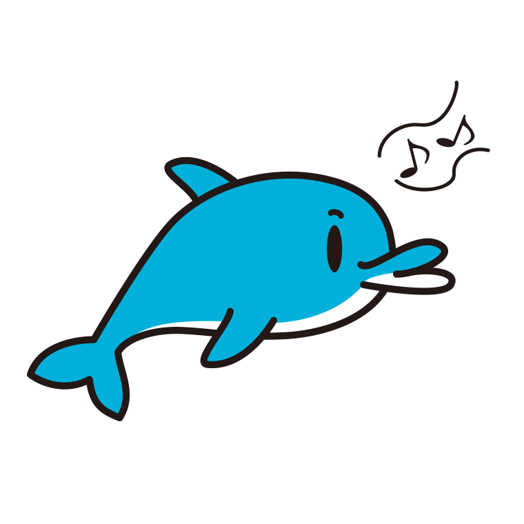 口笛を吹くイルカちゃんのイラスト【色あり、背景なし】透過PNG