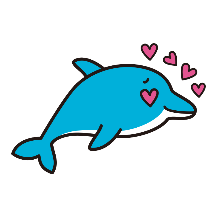 目がハートのイルカちゃんのイラスト【色あり、背景なし】透過PNG