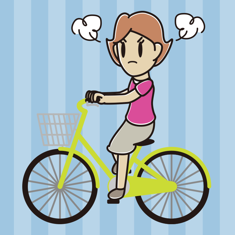 自転車に乗って怒る女性のイラスト【色、背景あり】PNG