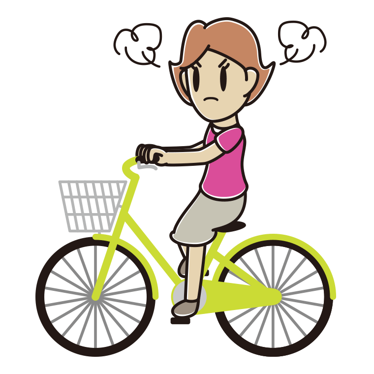 自転車に乗って怒る女性のイラスト【色あり、背景なし】透過PNG