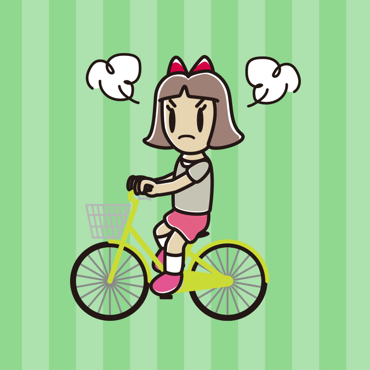 自転車に乗って怒る小学生女子のイラスト【色、背景あり】PNG