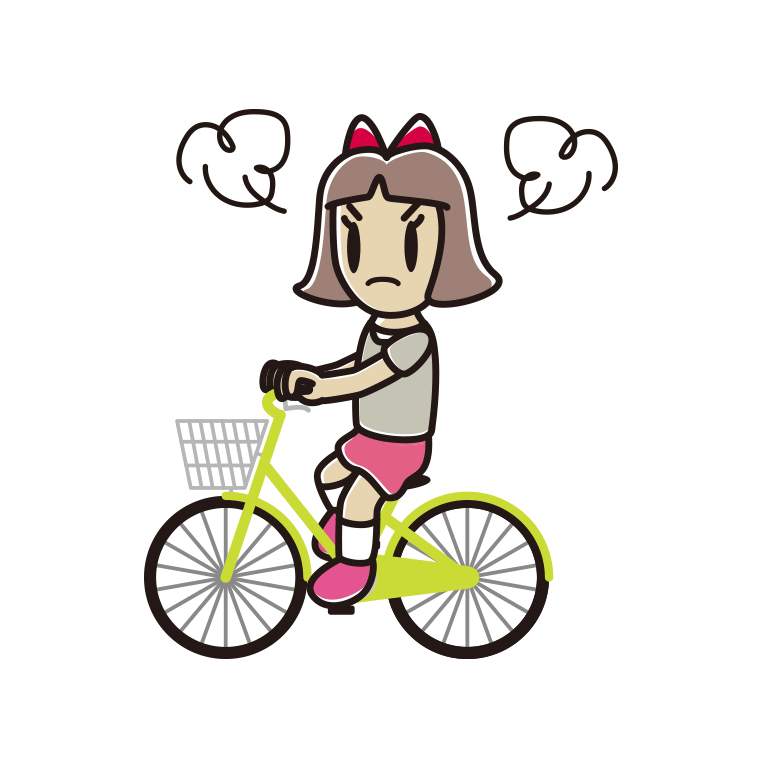 自転車に乗って怒る小学生女子のイラスト【色あり、背景なし】透過PNG