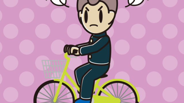 自転車に乗って怒る男子中学生のイラスト【色、背景あり】PNG