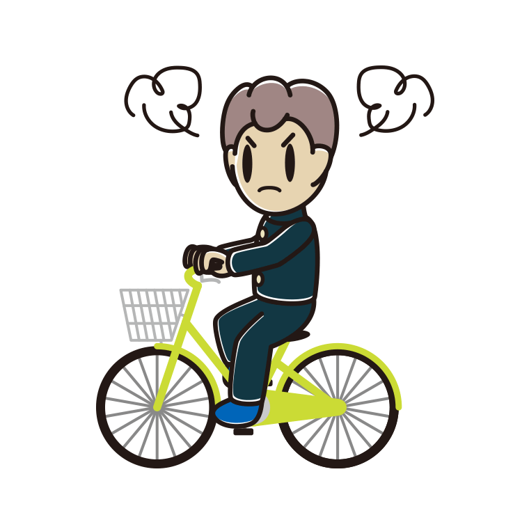自転車に乗って怒る男子中学生のイラスト【色あり、背景なし】透過PNG