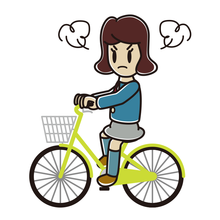 自転車に乗って怒る女子高校生のイラスト【色あり、背景なし】透過PNG