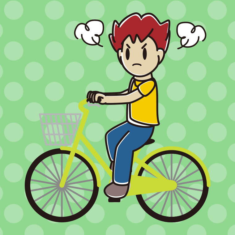 自転車に乗って怒る男子大学生のイラスト【色、背景あり】PNG