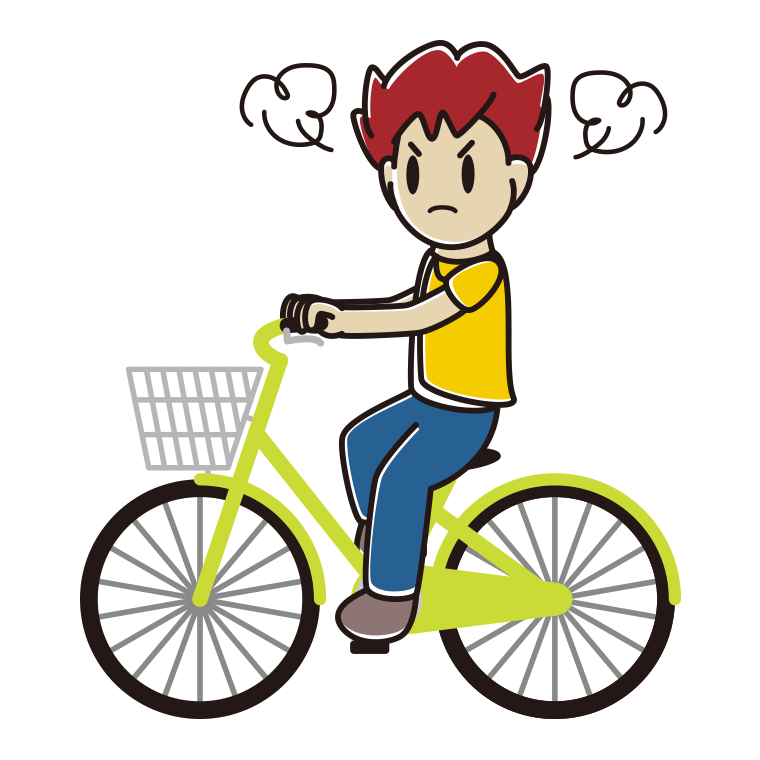 自転車に乗って怒る男子大学生のイラスト【色あり、背景なし】透過PNG