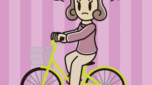 自転車に乗って怒る女子大学生のイラスト【色、背景あり】PNG