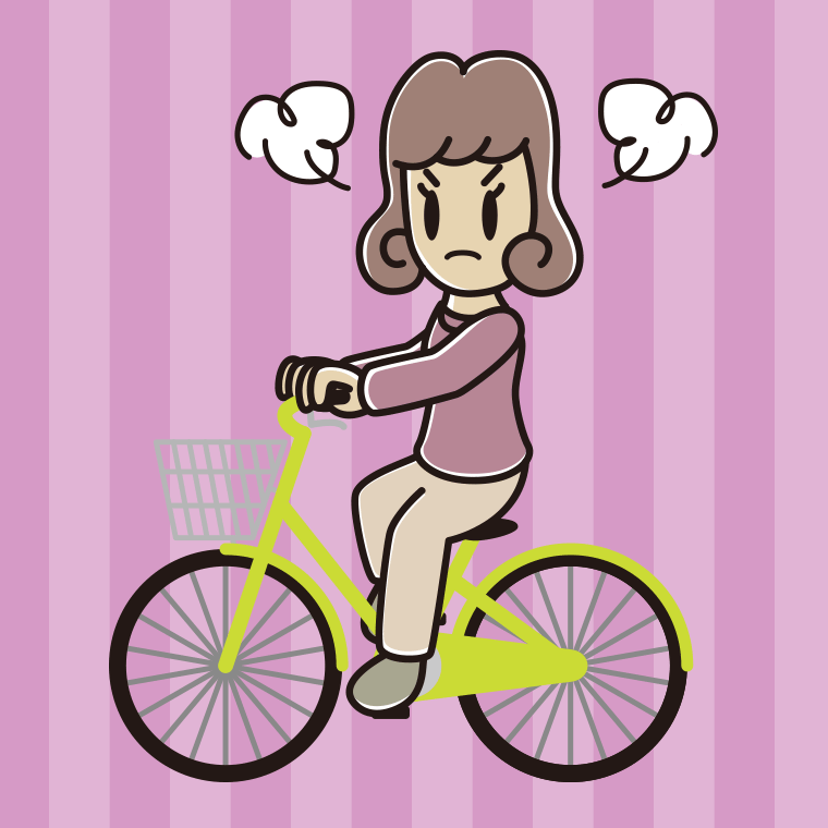 自転車に乗って怒る女子大学生のイラスト【色、背景あり】PNG