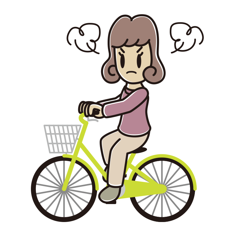 自転車に乗って怒る女子大学生のイラスト【色あり、背景なし】透過PNG