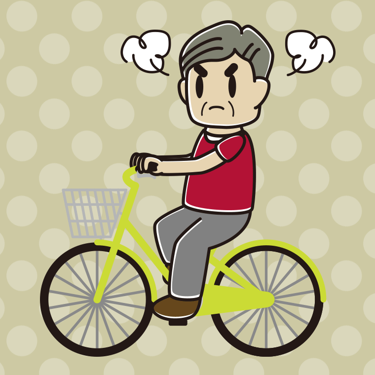 自転車に乗って怒るおじさんのイラスト【色、背景あり】PNG