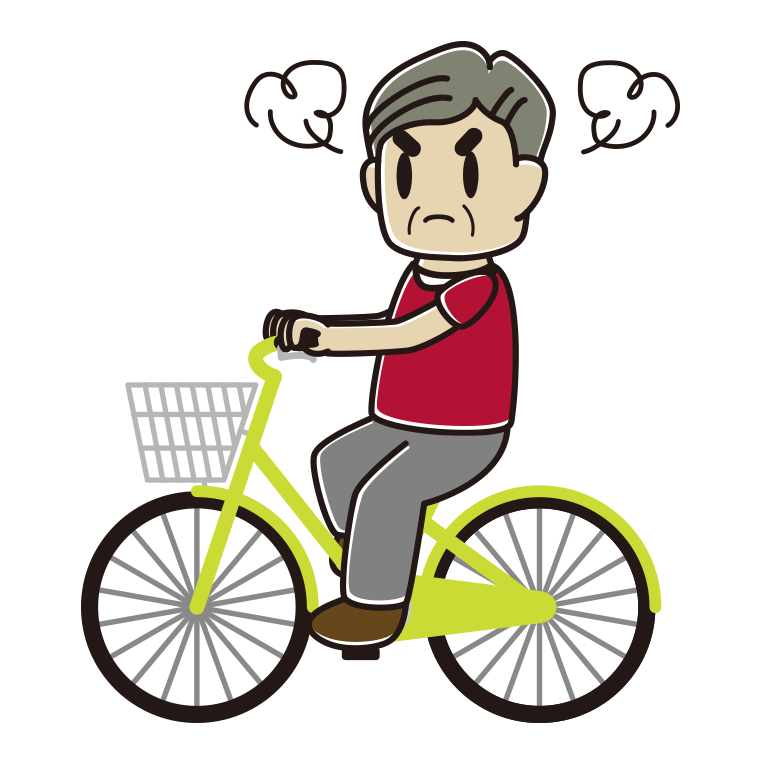 自転車に乗って怒るおじさんのイラスト【色あり、背景なし】透過PNG