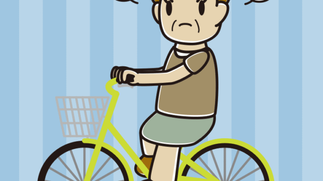 自転車に乗って怒るおばさんのイラスト【色、背景あり】PNG