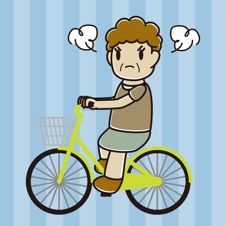 自転車に乗って怒るおばさんのイラスト【色、背景あり】PNG