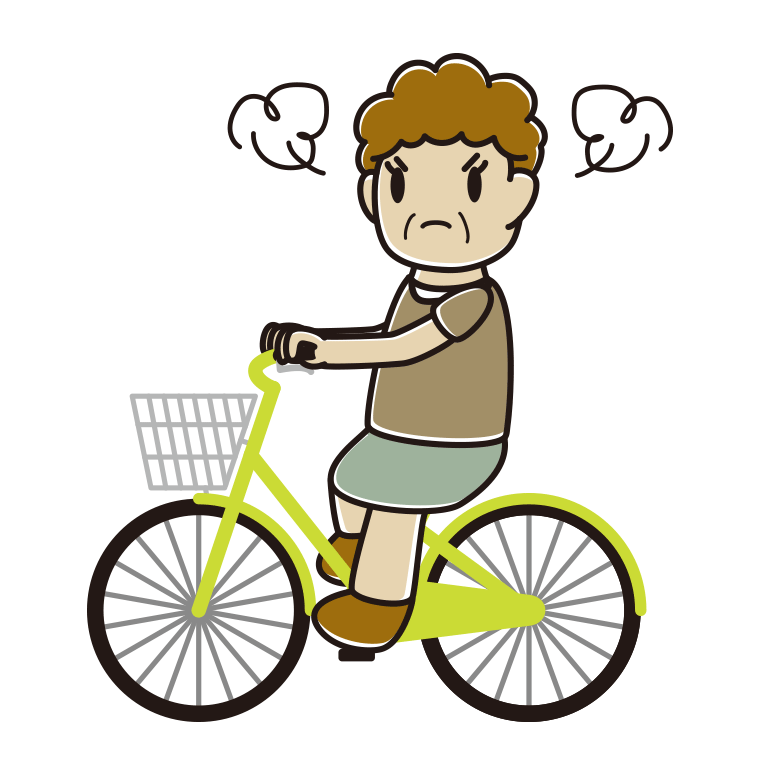 自転車に乗って怒るおばさんのイラスト【色あり、背景なし】透過PNG