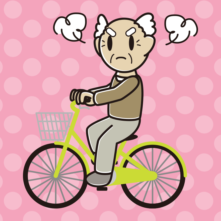 自転車に乗って怒るおじいさんのイラスト【色、背景あり】PNG