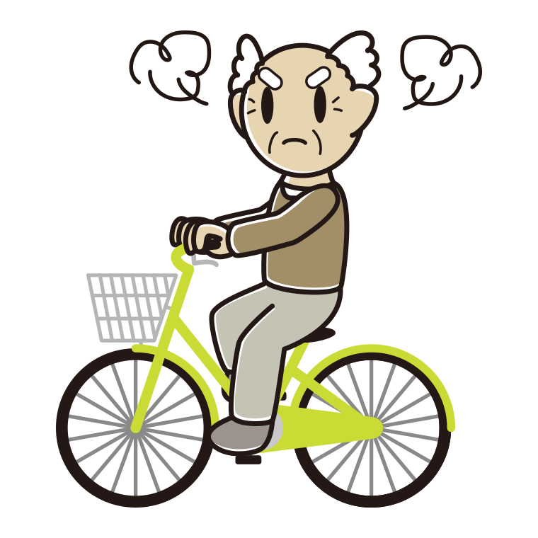 自転車に乗って怒るおじいさんのイラスト【色あり、背景なし】透過PNG