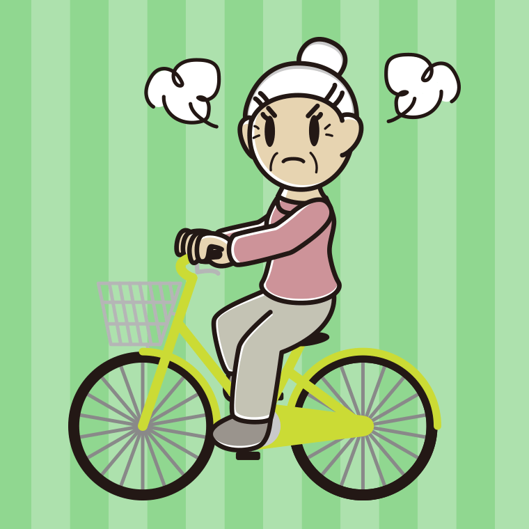 自転車に乗って怒るおばあさんのイラスト【色、背景あり】PNG