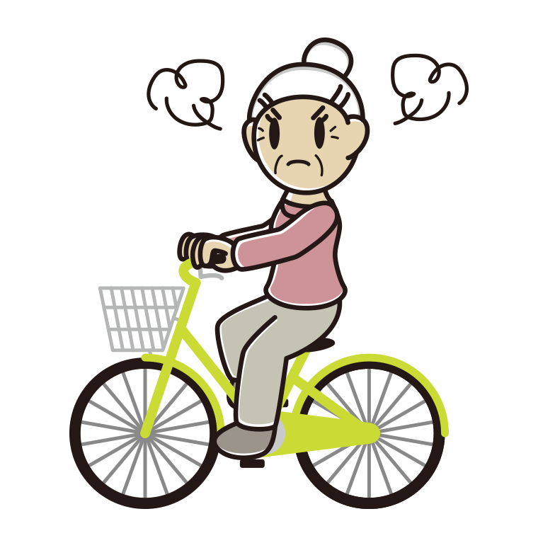 自転車に乗って怒るおばあさんのイラスト【色あり、背景なし】透過PNG