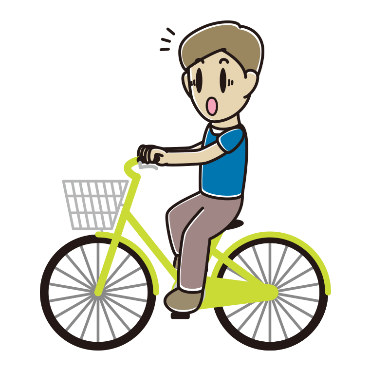自転車に乗って驚く男性のイラスト【色あり、背景なし】透過PNG