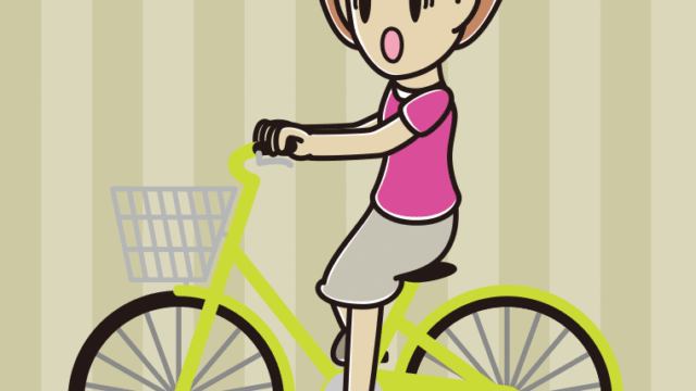 自転車に乗って驚く女性のイラスト【色、背景あり】PNG