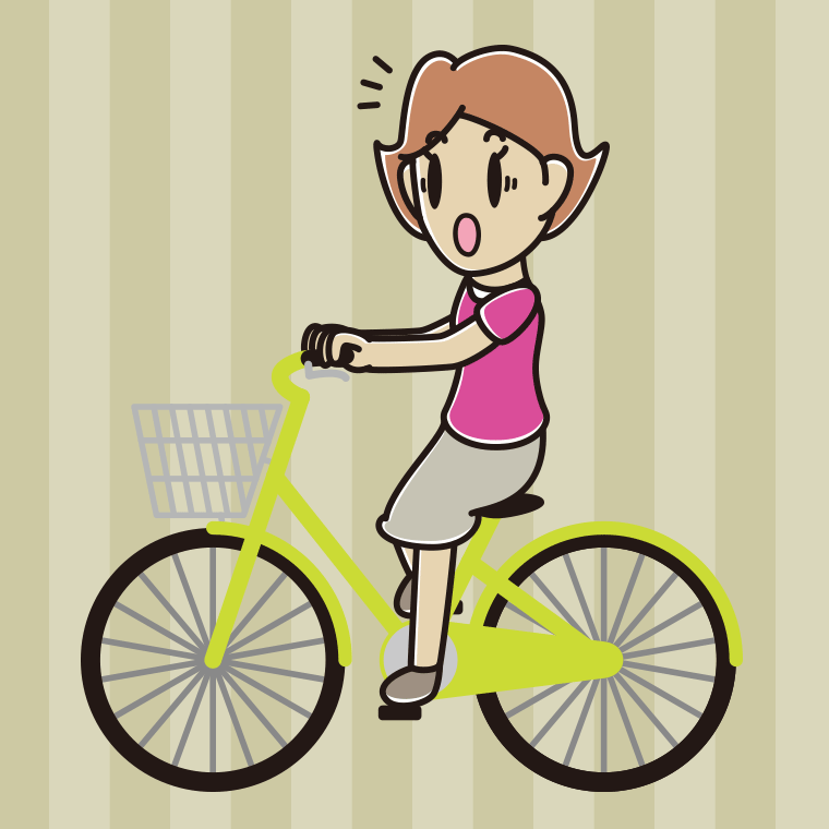 自転車に乗って驚く女性のイラスト【色、背景あり】PNG