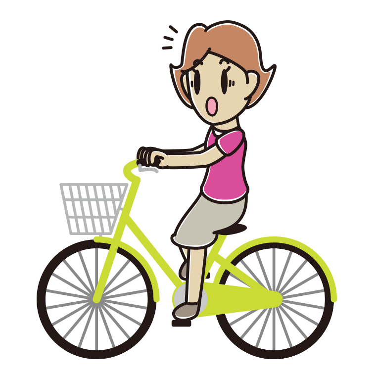 自転車に乗って驚く女性のイラスト【色あり、背景なし】透過PNG