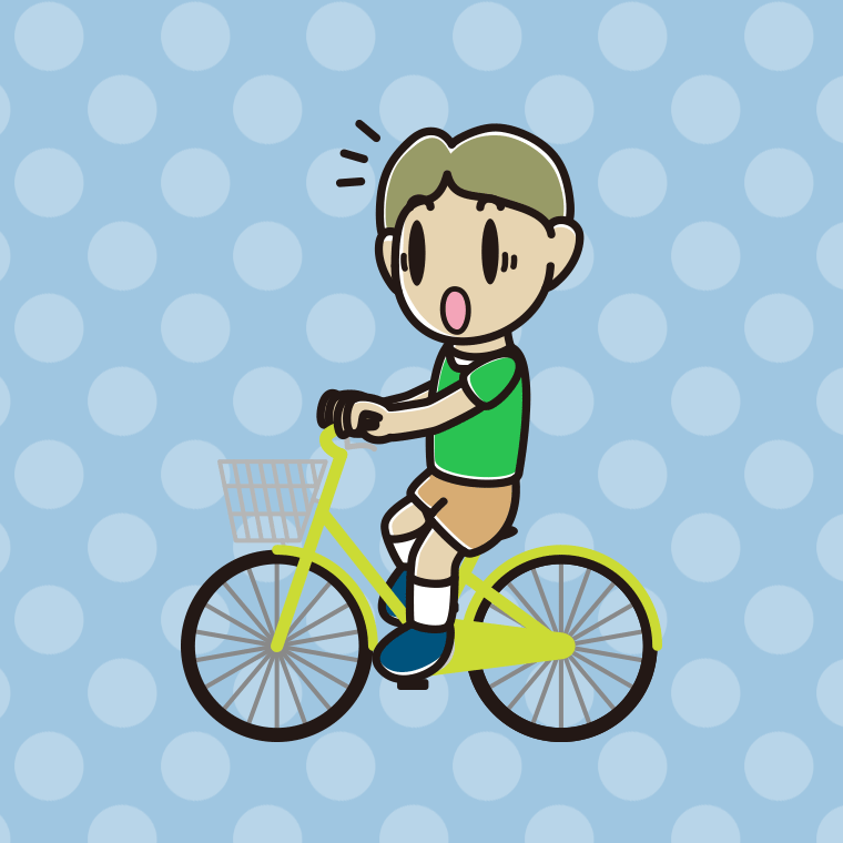 自転車に乗って驚く小学生男子のイラスト【色、背景あり】PNG