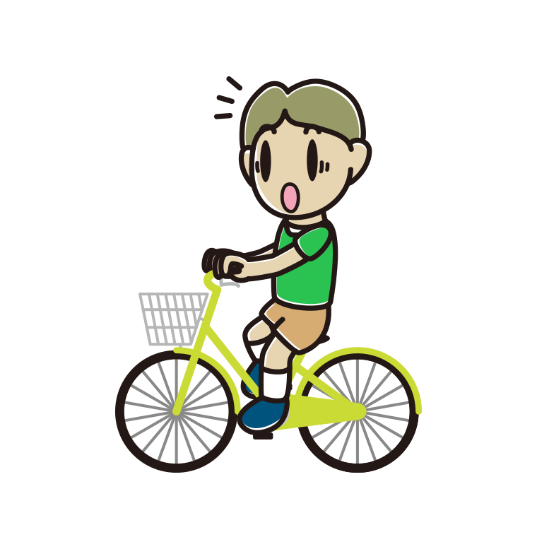 自転車に乗って驚く小学生男子のイラスト【色あり、背景なし】透過PNG